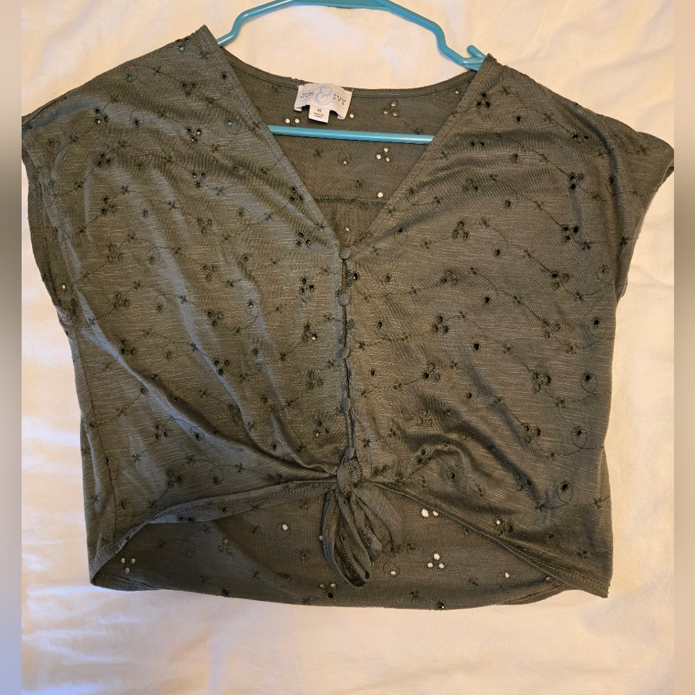 Medium Green Floral Embroidered Tie-front Blouse